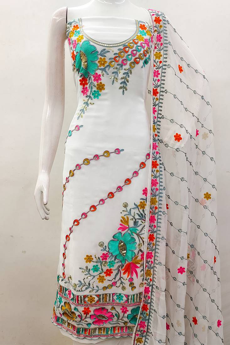 White georgette sequin & floral pattern multicolor thread work kurta bottom dupatta