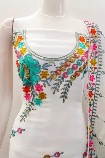 White georgette sequin & floral pattern multicolor thread work kurta bottom dupatta