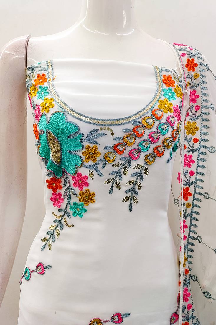 White georgette sequin & floral pattern multicolor thread work kurta bottom dupatta