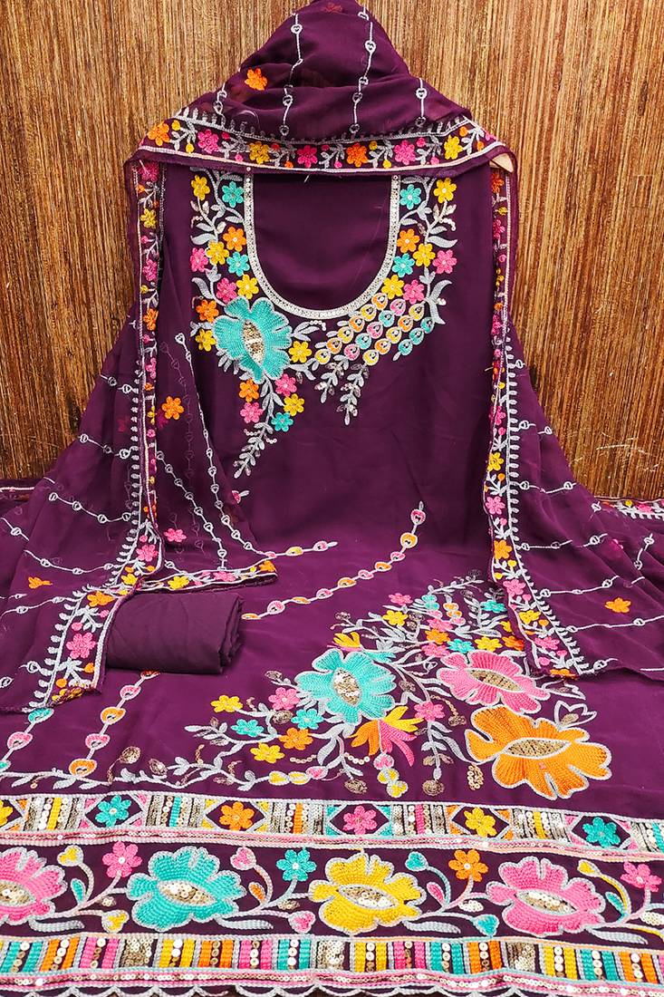 Wine georgette sequin & floral pattern multicolor thread work kurta bottom dupatta