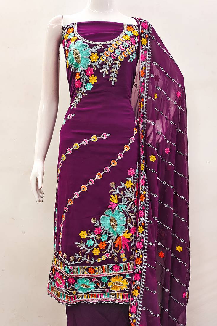 Wine georgette sequin & floral pattern multicolor thread work kurta bottom dupatta