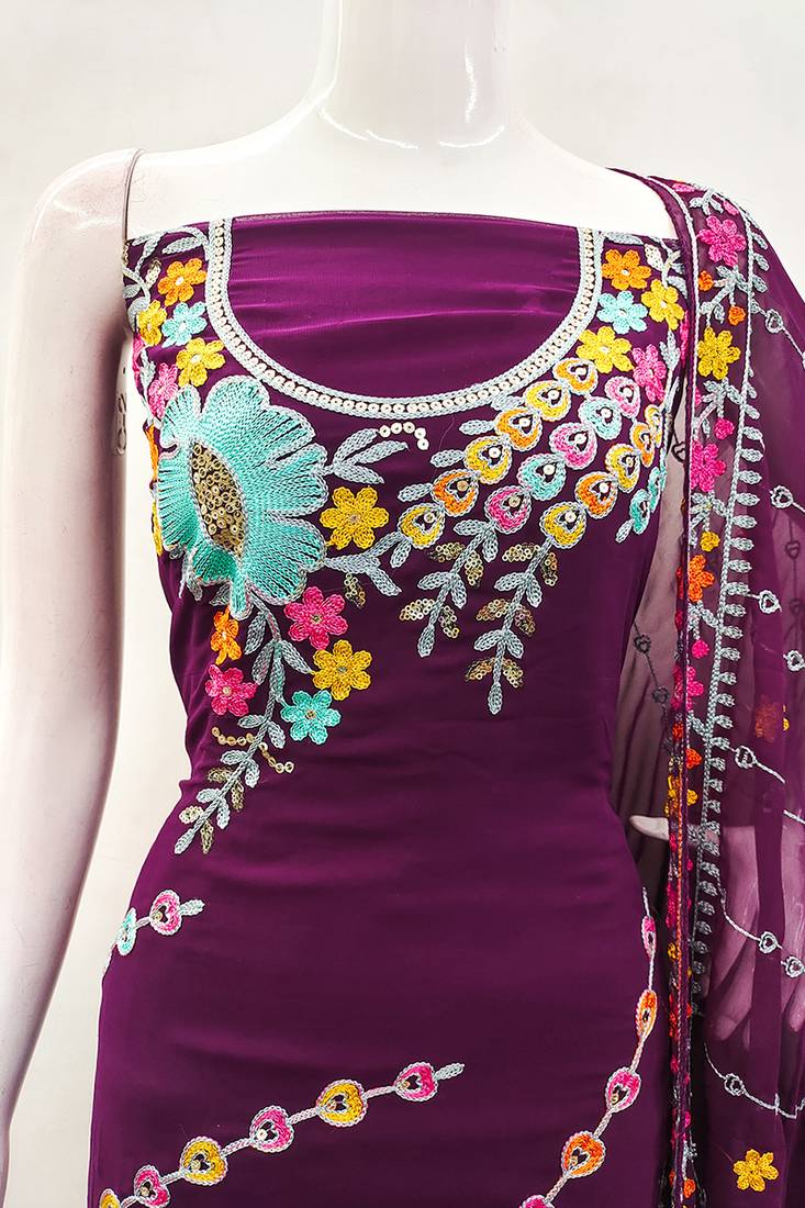 Wine georgette sequin & floral pattern multicolor thread work kurta bottom dupatta