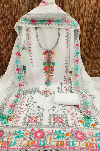 Georgette sequin & traditional pattern multicolor thread work kurta bottom dupatta