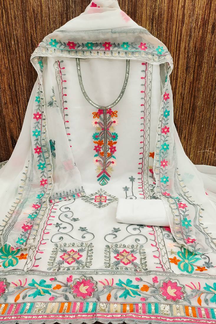 Georgette sequin & traditional pattern multicolor thread work kurta bottom dupatta