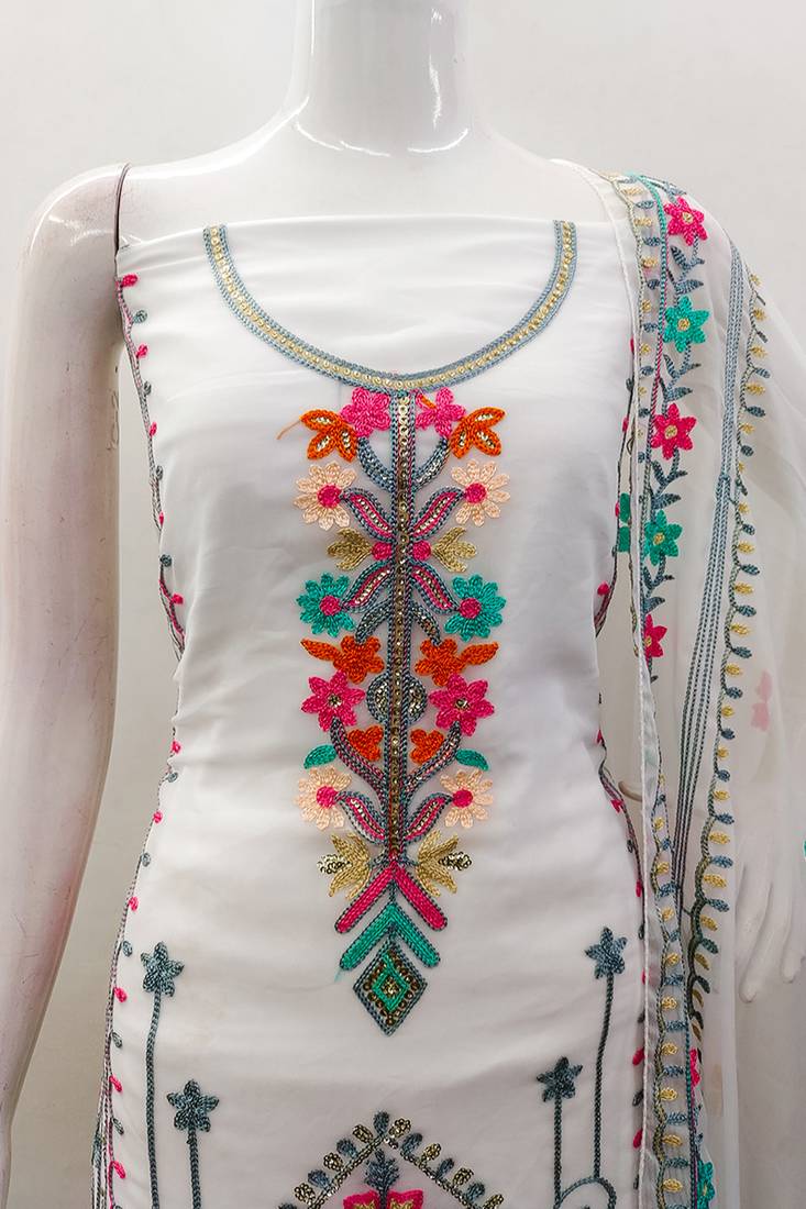 Georgette sequin & traditional pattern multicolor thread work kurta bottom dupatta