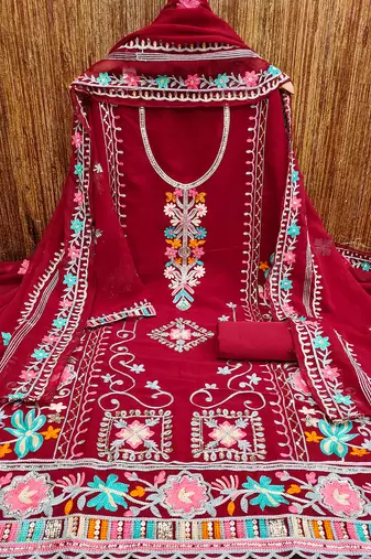 Georgette sequin & traditional pattern multicolor thread work kurta bottom dupatta