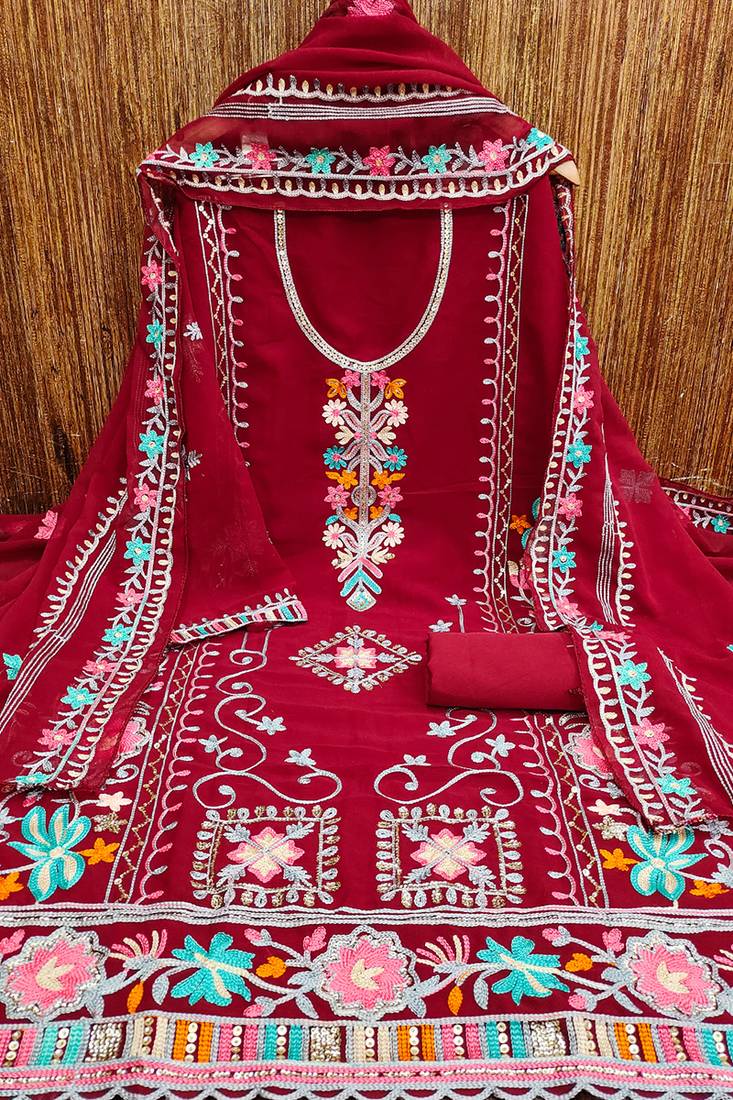 Georgette sequin & traditional pattern multicolor thread work kurta bottom dupatta