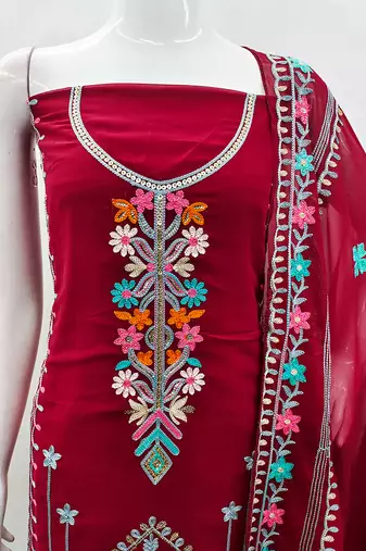 Georgette sequin & traditional pattern multicolor thread work kurta bottom dupatta