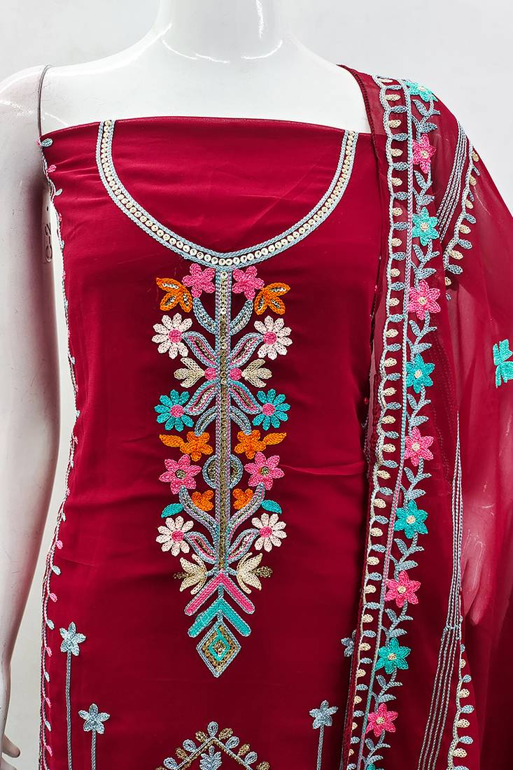 Georgette sequin & traditional pattern multicolor thread work kurta bottom dupatta