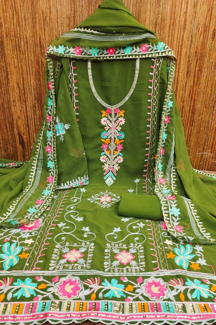 Georgette sequin & traditional pattern multicolor thread work kurta bottom dupatta