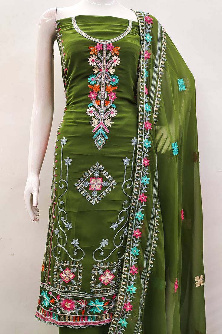 Georgette sequin & traditional pattern multicolor thread work kurta bottom dupatta