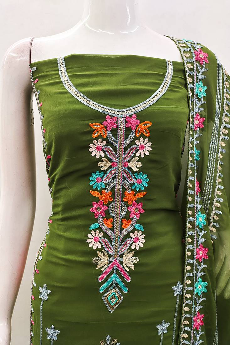 Georgette sequin & traditional pattern multicolor thread work kurta bottom dupatta