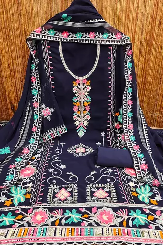 Georgette sequin & traditional pattern multicolor thread work kurta bottom dupatta
