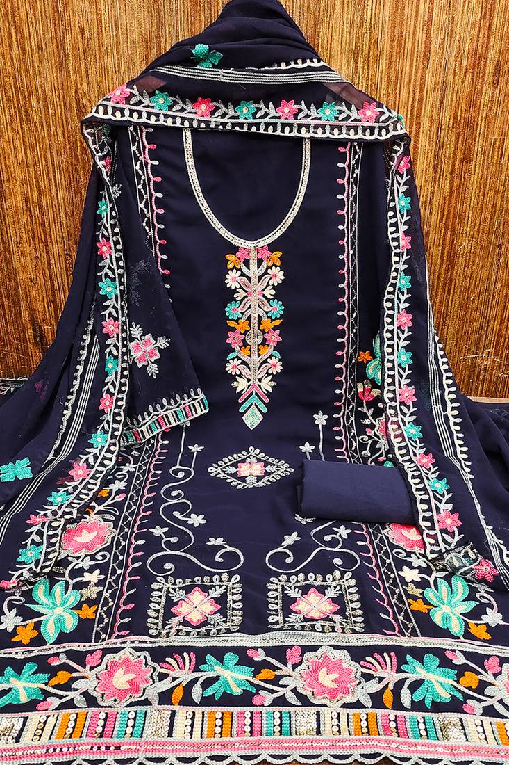 Georgette sequin & traditional pattern multicolor thread work kurta bottom dupatta