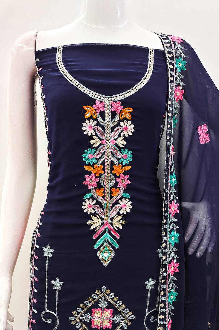 Georgette sequin & traditional pattern multicolor thread work kurta bottom dupatta
