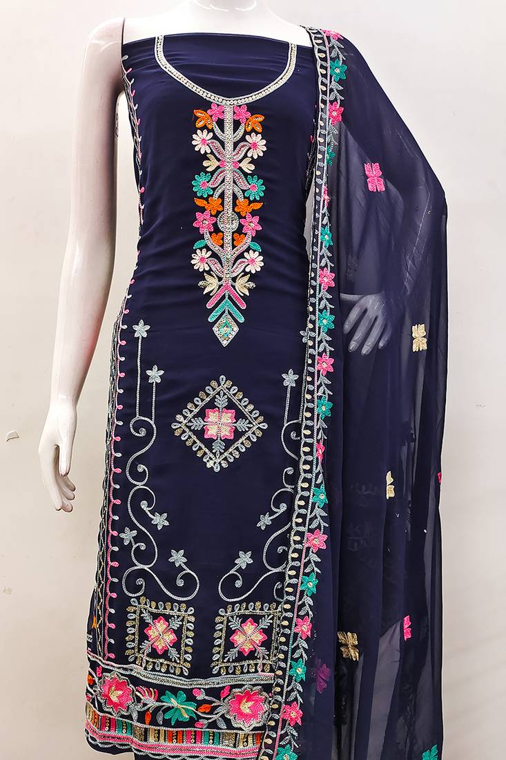 Georgette sequin & traditional pattern multicolor thread work kurta bottom dupatta
