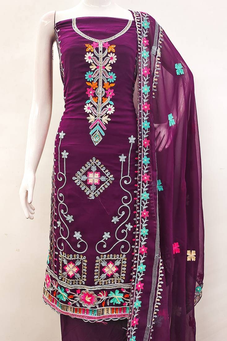 Georgette sequin & traditional pattern multicolor thread work kurta bottom dupatta
