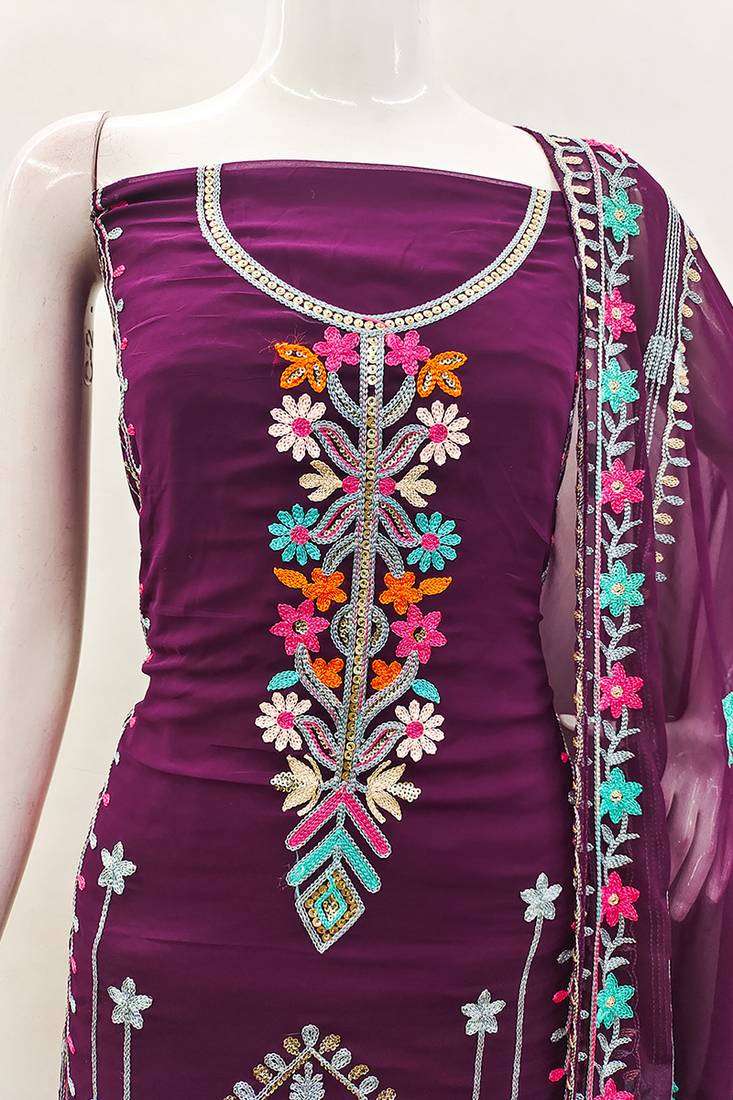 Georgette sequin & traditional pattern multicolor thread work kurta bottom dupatta