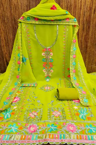 Georgette sequin & traditional pattern multicolor thread work kurta bottom dupatta