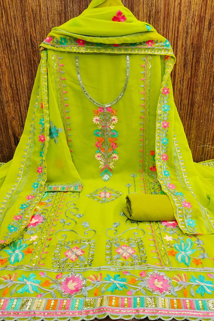 Georgette sequin & traditional pattern multicolor thread work kurta bottom dupatta