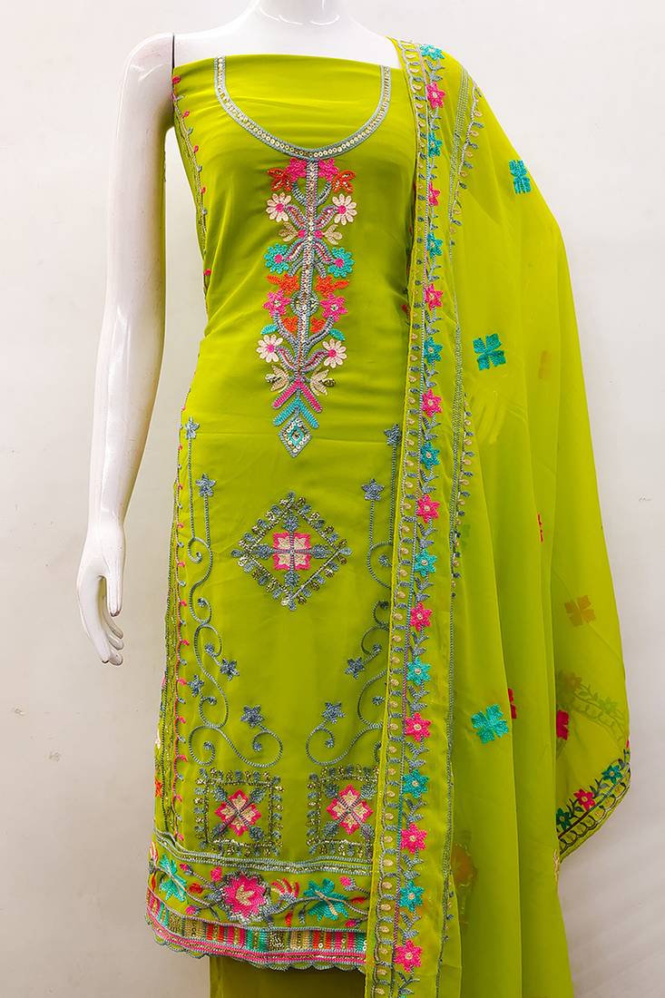 Georgette sequin & traditional pattern multicolor thread work kurta bottom dupatta