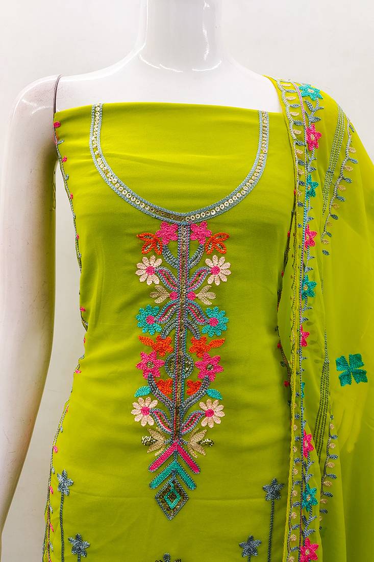 Georgette sequin & traditional pattern multicolor thread work kurta bottom dupatta