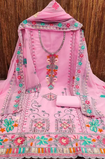 Georgette sequin & traditional pattern multicolor thread work kurta bottom dupatta