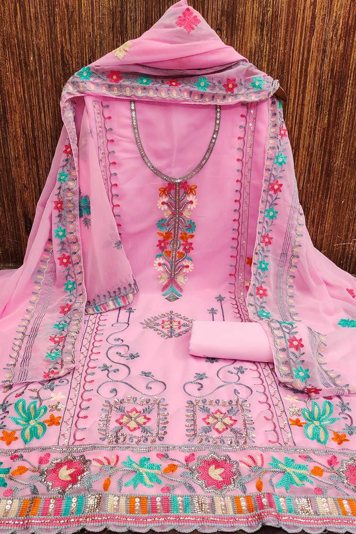 Georgette sequin & traditional pattern multicolor thread work kurta bottom dupatta