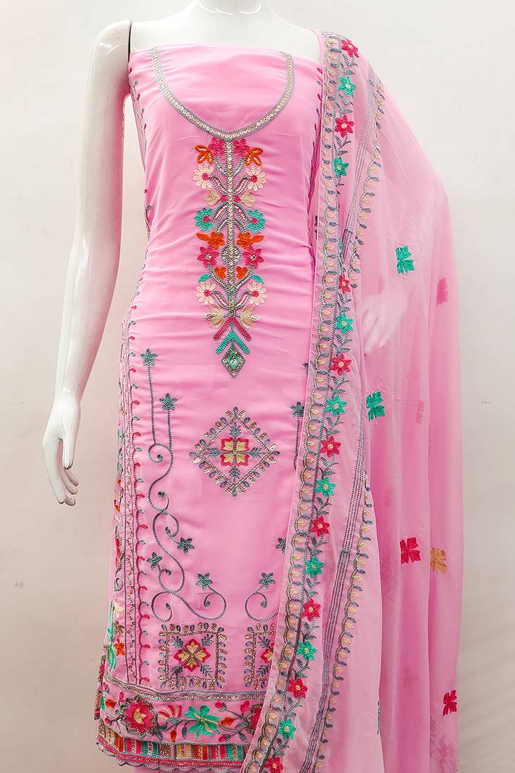 Georgette sequin & traditional pattern multicolor thread work kurta bottom dupatta