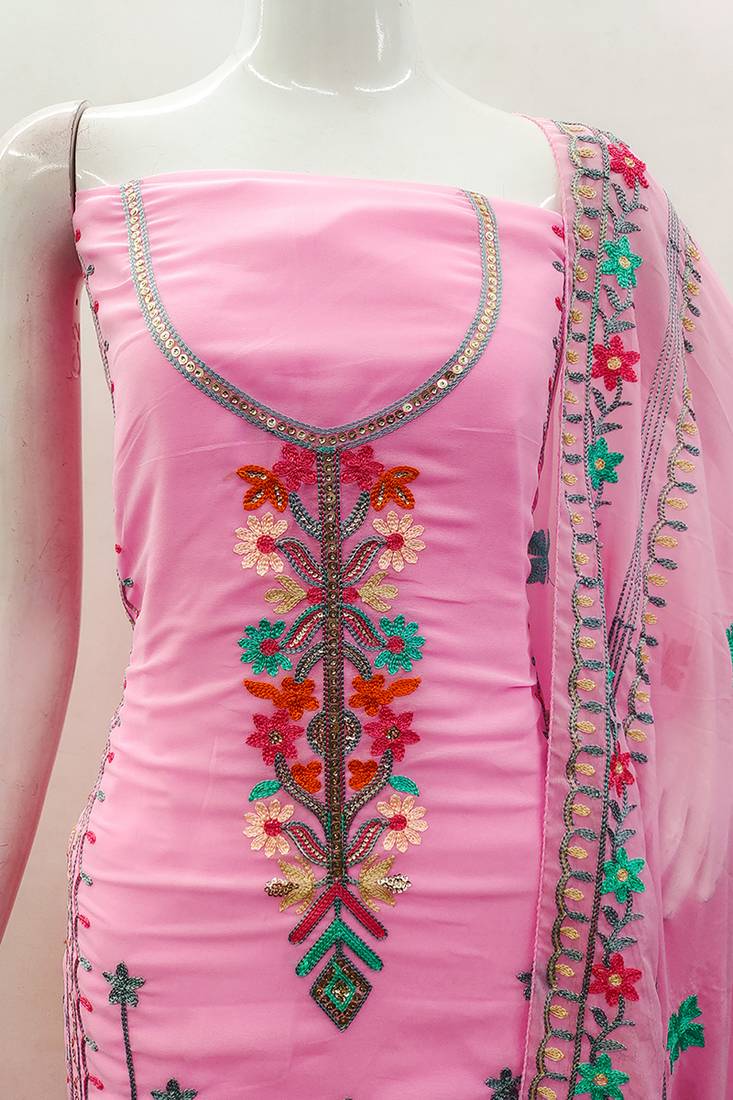 Georgette sequin & traditional pattern multicolor thread work kurta bottom dupatta