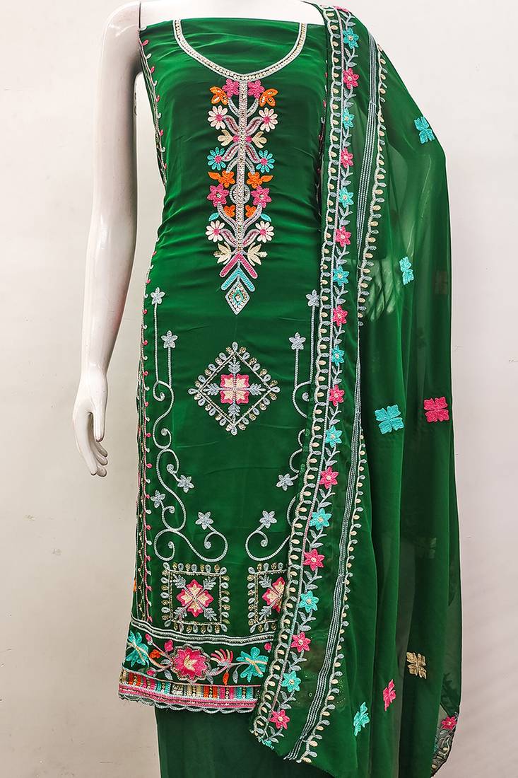 Georgette sequin & traditional pattern multicolor thread work kurta bottom dupatta