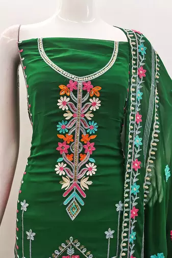 Georgette sequin & traditional pattern multicolor thread work kurta bottom dupatta