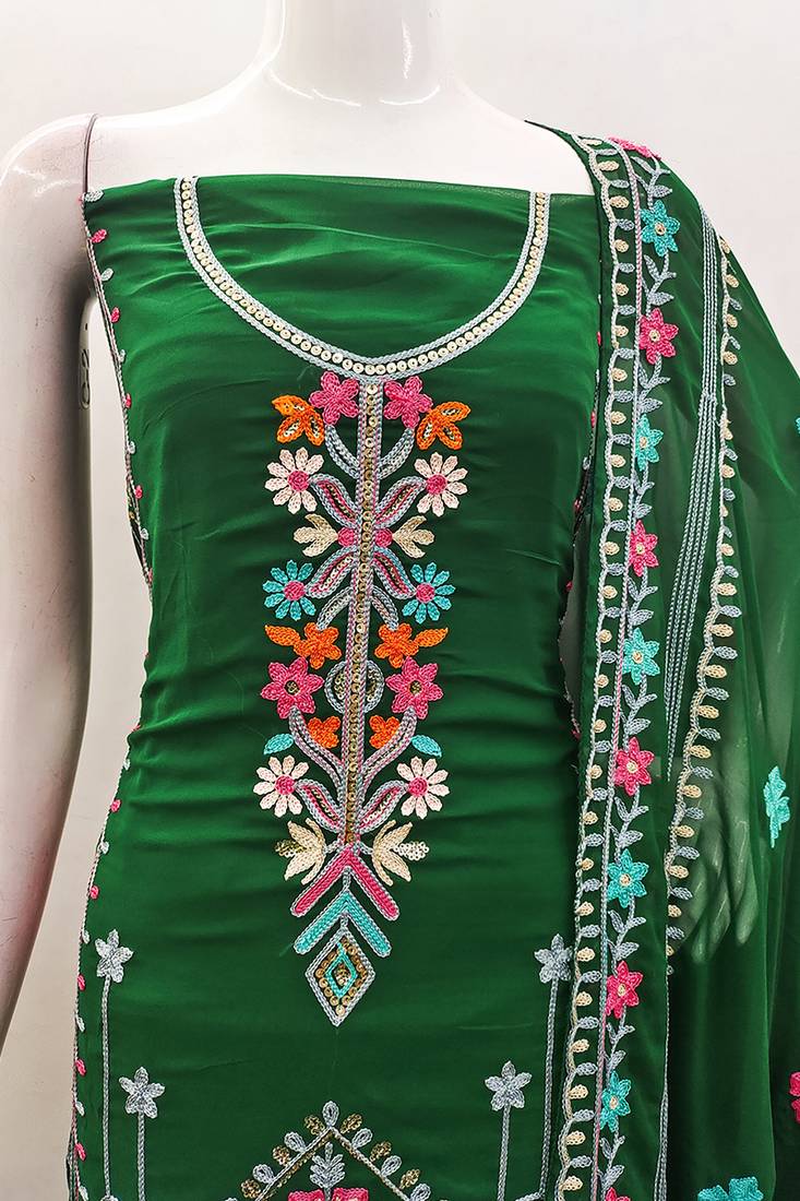 Georgette sequin & traditional pattern multicolor thread work kurta bottom dupatta