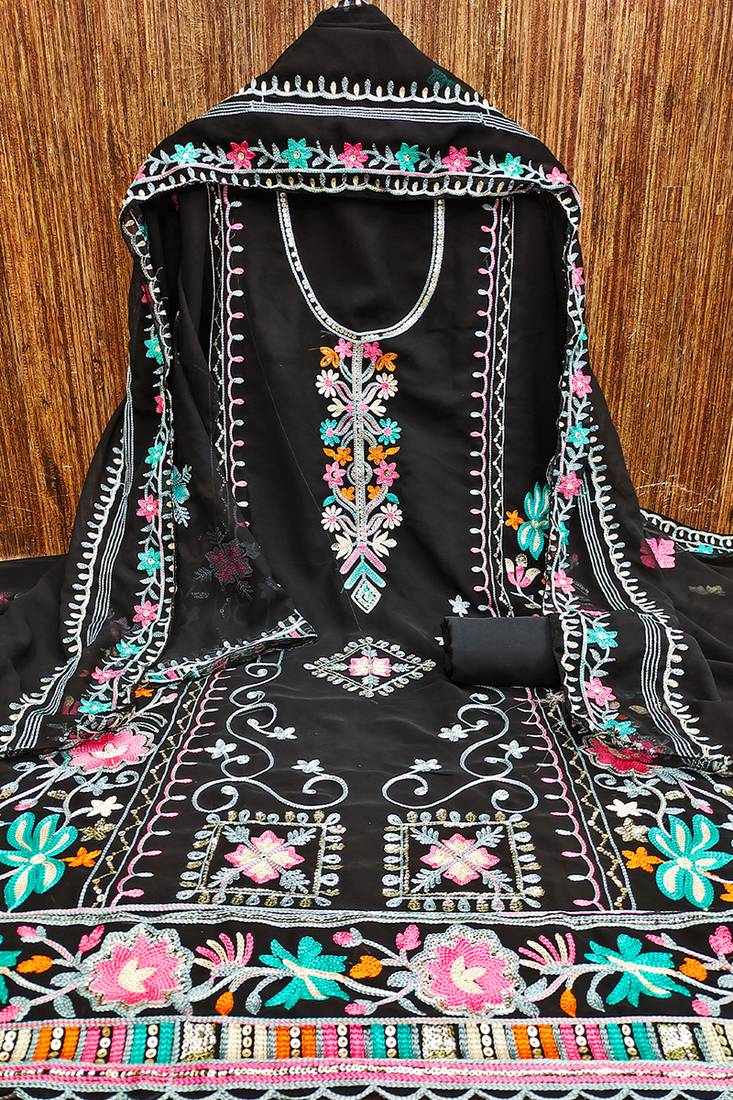 Georgette sequin & traditional pattern multicolor thread work kurta bottom dupatta