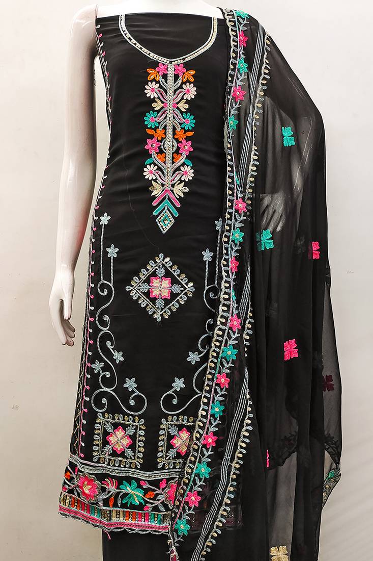 Georgette sequin & traditional pattern multicolor thread work kurta bottom dupatta