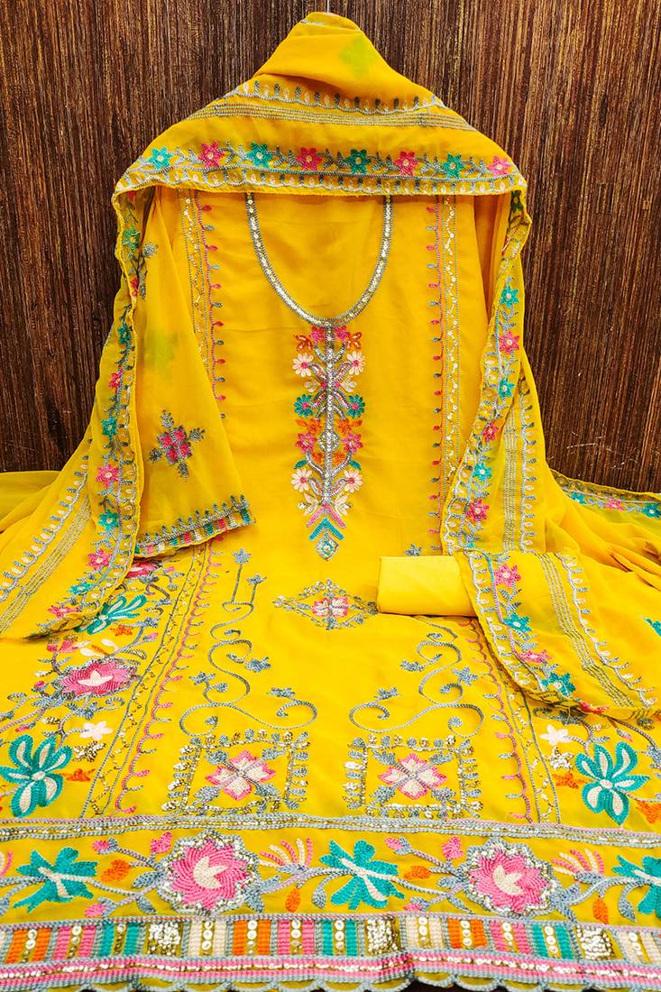 Georgette sequin & traditional pattern multicolor thread work kurta bottom dupatta