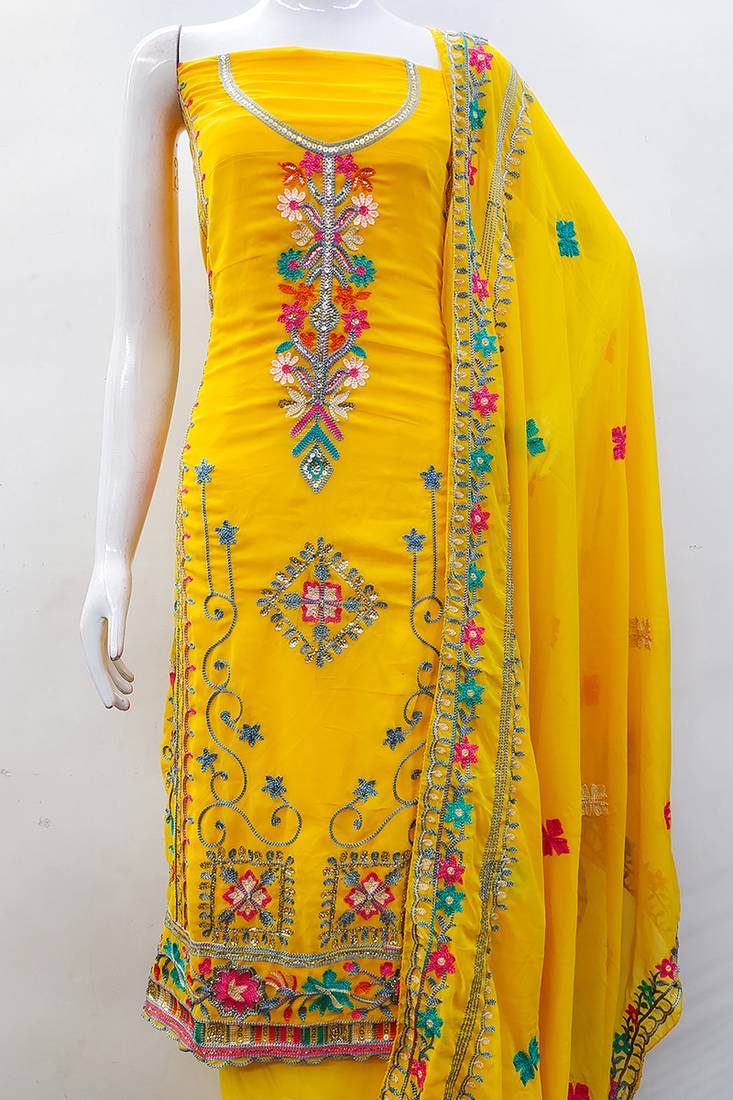 Georgette sequin & traditional pattern multicolor thread work kurta bottom dupatta