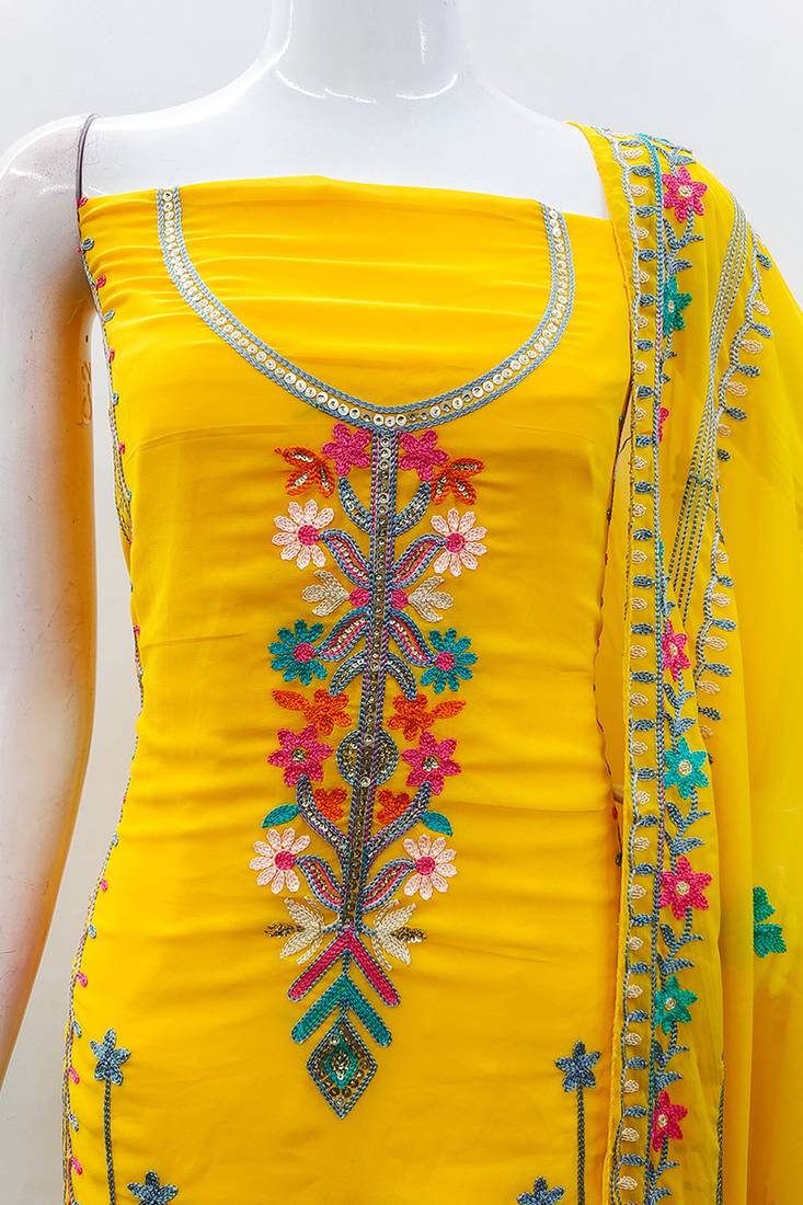 Georgette sequin & traditional pattern multicolor thread work kurta bottom dupatta