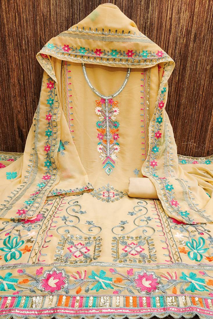 Georgette sequin & traditional pattern multicolor thread work kurta bottom dupatta