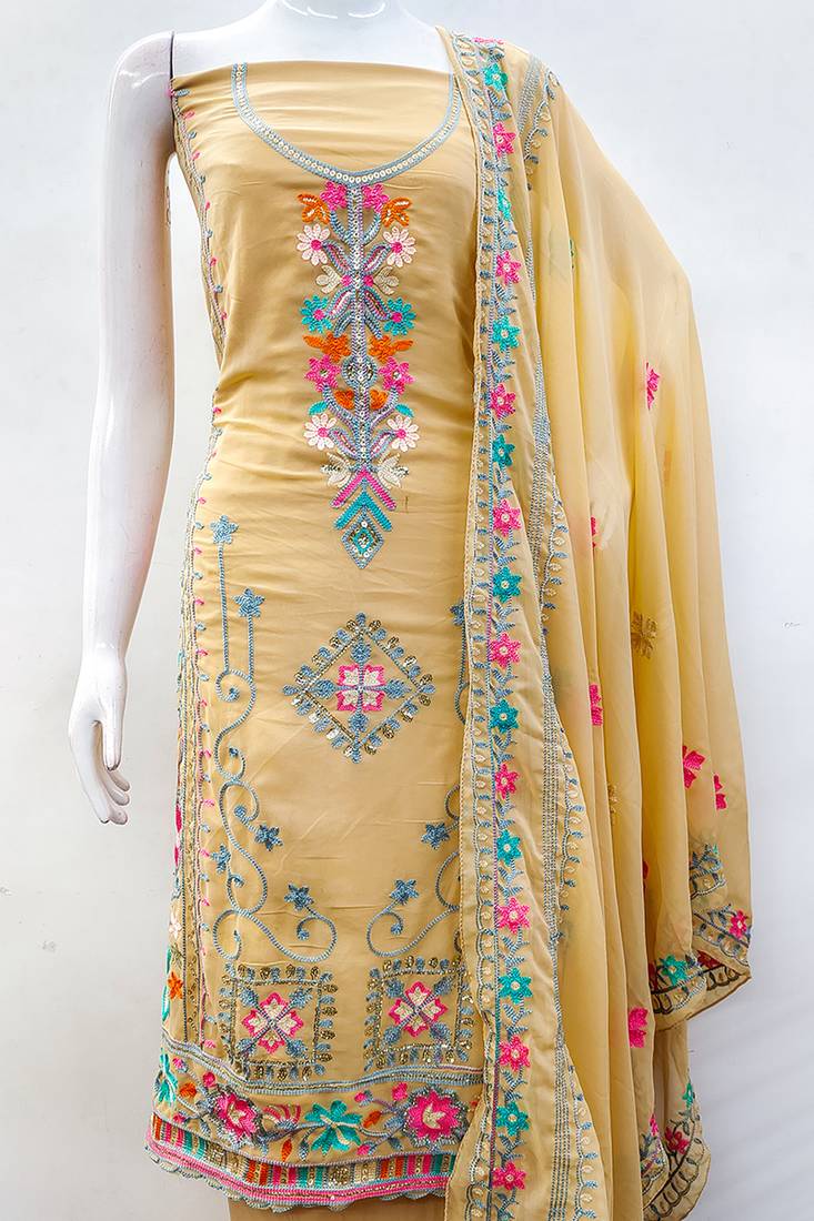 Georgette sequin & traditional pattern multicolor thread work kurta bottom dupatta