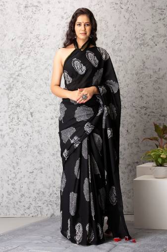 Alina handblock printed mul-mul saree