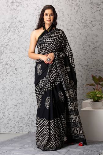 Eliza handblock printed mul-mul saree