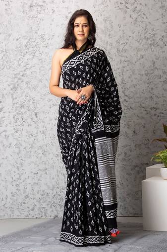 Aria handblock printed mul-mul saree