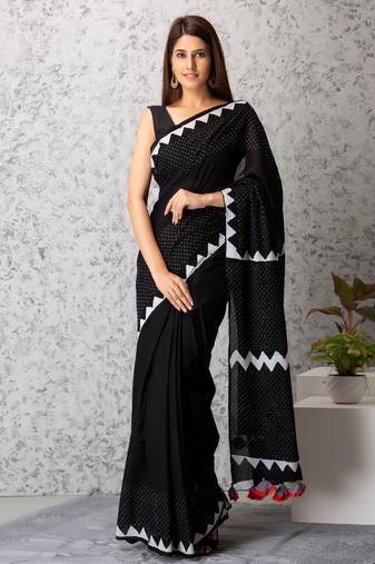 Chloe handblock printed mul-mul saree