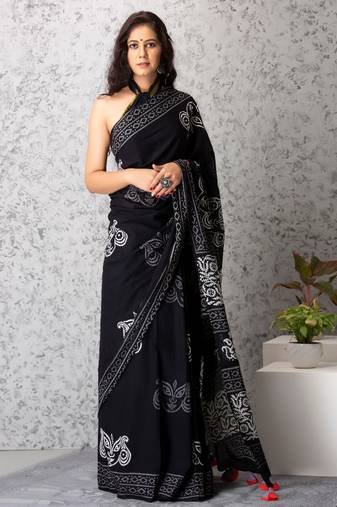 Riley handblock printed mul-mul saree