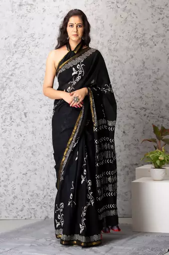 Molly handblock printed mul-mul saree