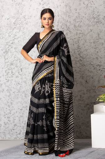 Reese handblock printed mul-mul saree