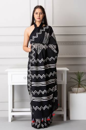 Mia handblock printed mul-mul saree