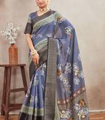 Grey printed moss crepe silk saree with zari lining