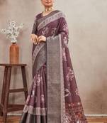 Mauve printed moss crepe silk saree with zari lining